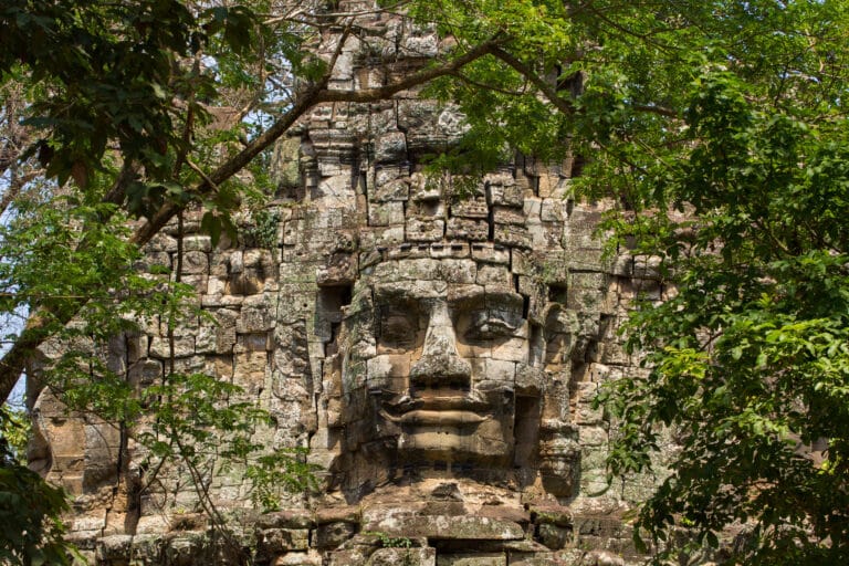 ancient gate of Prasat Bayon temple, Angkor Thom , is popular tourist attraction in Siem reap, Cambodia